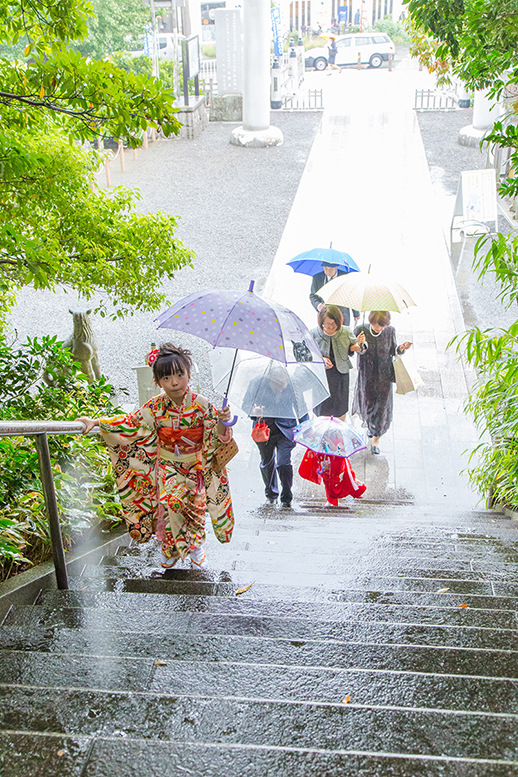 傘をさして神社の階段を上る七五三記念のご家族