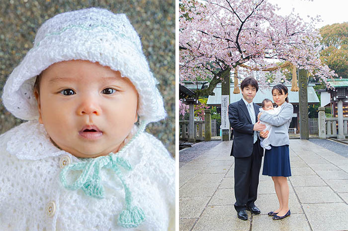 お宮参りの赤ちゃんとご家族の写真