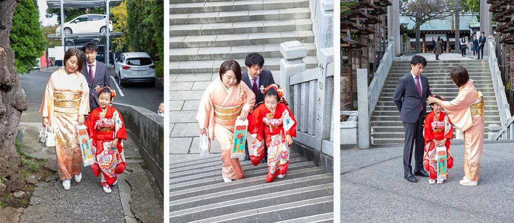 伊勢山皇大神宮のふれあい広場に移動する七五三記念日のご家族