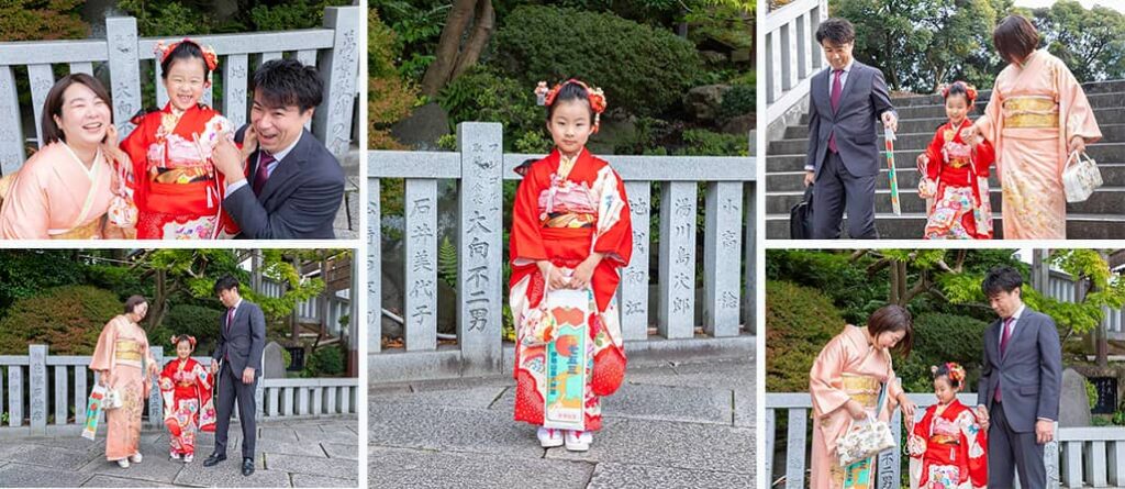 伊勢山皇大神宮の万葉歌碑で撮影した七五三記念日の家族写真