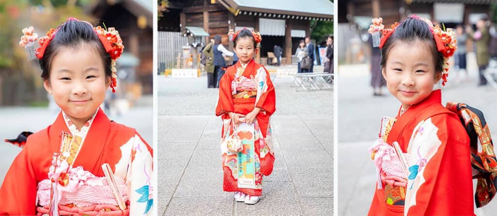 伊勢山皇大神宮の太鼓楼で撮影した七五三記念日の女の子の写真