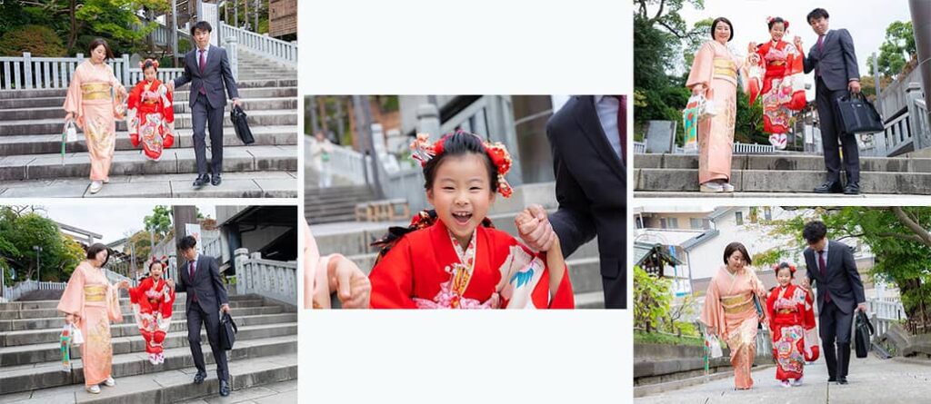 伊勢山皇大神宮の境内を歩く七五三記念日の家族